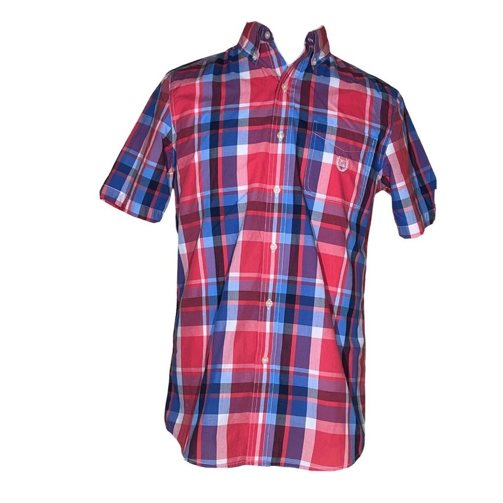 Chaps Easy Care Short-Sleeve Button-Down Plaid Shirt Red & Blue Small